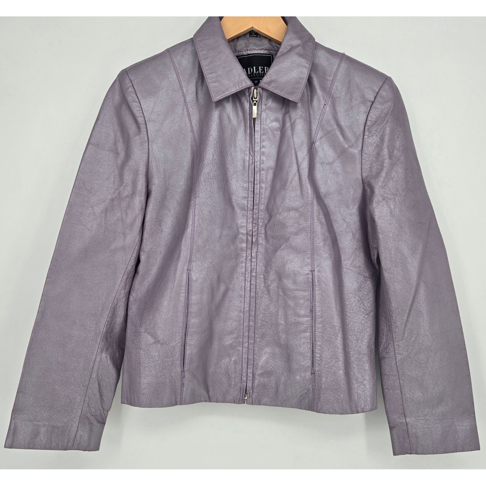 Vintage Womens M Lavender‎ Purple Real Leather Jacket Zip Collared Metallic